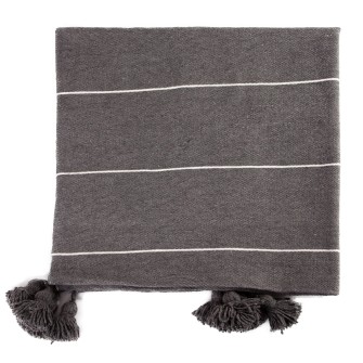 Obrazek dla: Grafitowy pled bawełniany w paski. Ręcznie tkana narzuta z chwostami. Nowoczesny dodatek w stylu skandynawskim i loft.