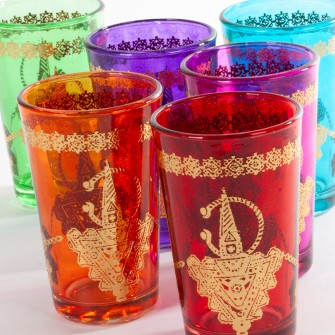 Obrazek dla: Marokańskie szklanki kolorowe ze  złotym orientalnym wzorem 6 sztuk  Maroko Sklep