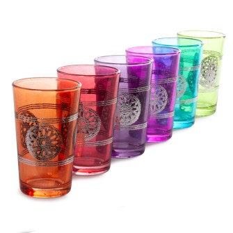 Obrazek 2 dla: Marokańskie szklanki kolorowe z srebrnym wzorem rozety 6 sztuk  Maroko Sklep