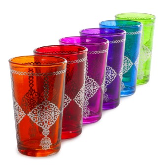 Obrazek dla: Marokańskie szklanki kolorowe ze srebrnym wzorem łańcuszkiem 6 sztuk  Maroko Sklep