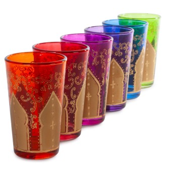 Obrazek 2 dla: Marokańskie szklanki kolorowe ze złotrym wzorem drzwi 6 sztuk  Maroko Sklep