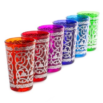 Obrazek 2 dla: Marokańskie szklanki kolorowe ze srebrnym wzorem 6 sztuk  Maroko Sklep