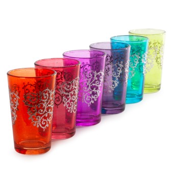 Obrazek 2 dla: Marokańskie szklanki kolorowe ze srebrnym wzorem winorośli 6 sztuk  Maroko Sklep